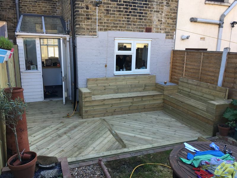 Back garden deck with diagonal boards