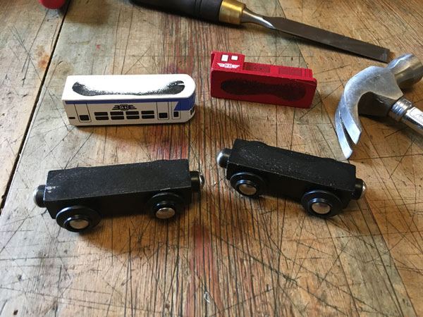 Wooden train bases with tops removed