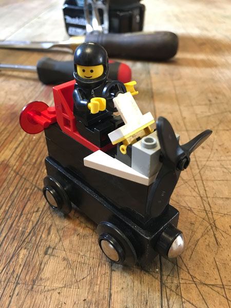 Finished Lego wooden train with propeller