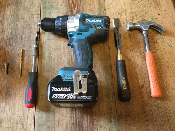 Tools needed: countersink, drill bit, screwdriver, drill, chisel and hammer